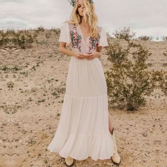 White Cleo Cotton Boho Maxi Dress W/Side Slits Hand Embroidered Stitch Coverup - Picture 1 of 9